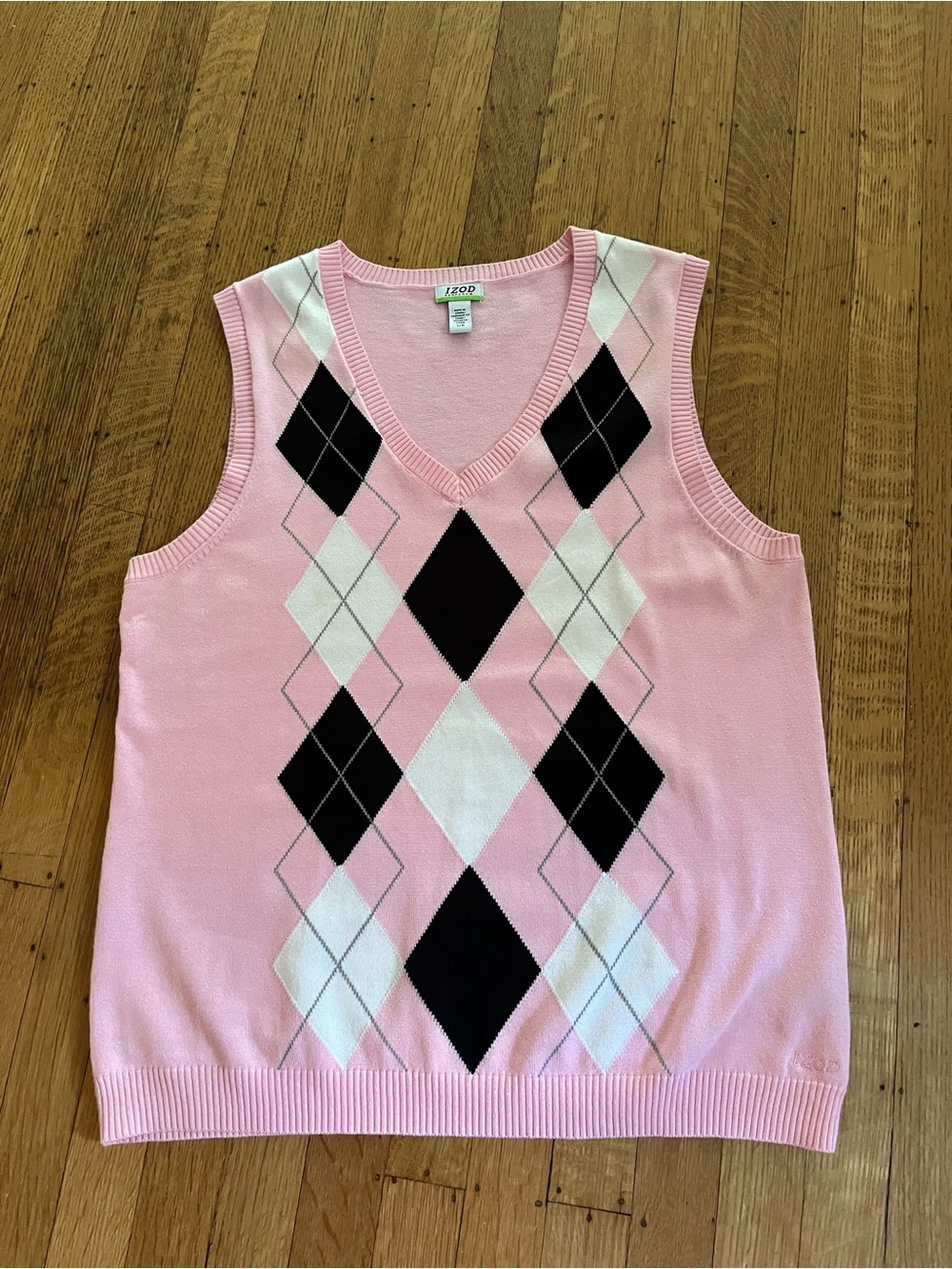 Vintage Izod Pink Black White Argyle V‑Neck Sweater Vest